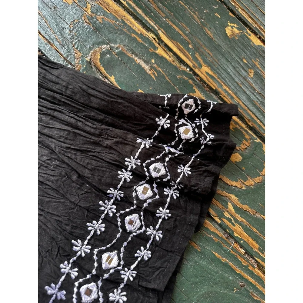 Y2K West End Womens Black Cotton Tiered Maxi Skirt Embroidered Mirror Boho Large